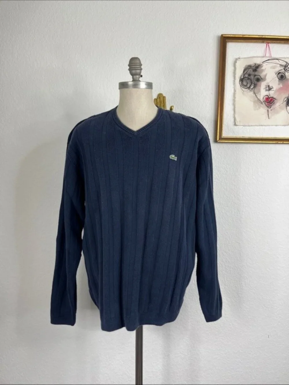 Lacoste Ribbed Striped V Neck Logo Long Sleeve Sweater